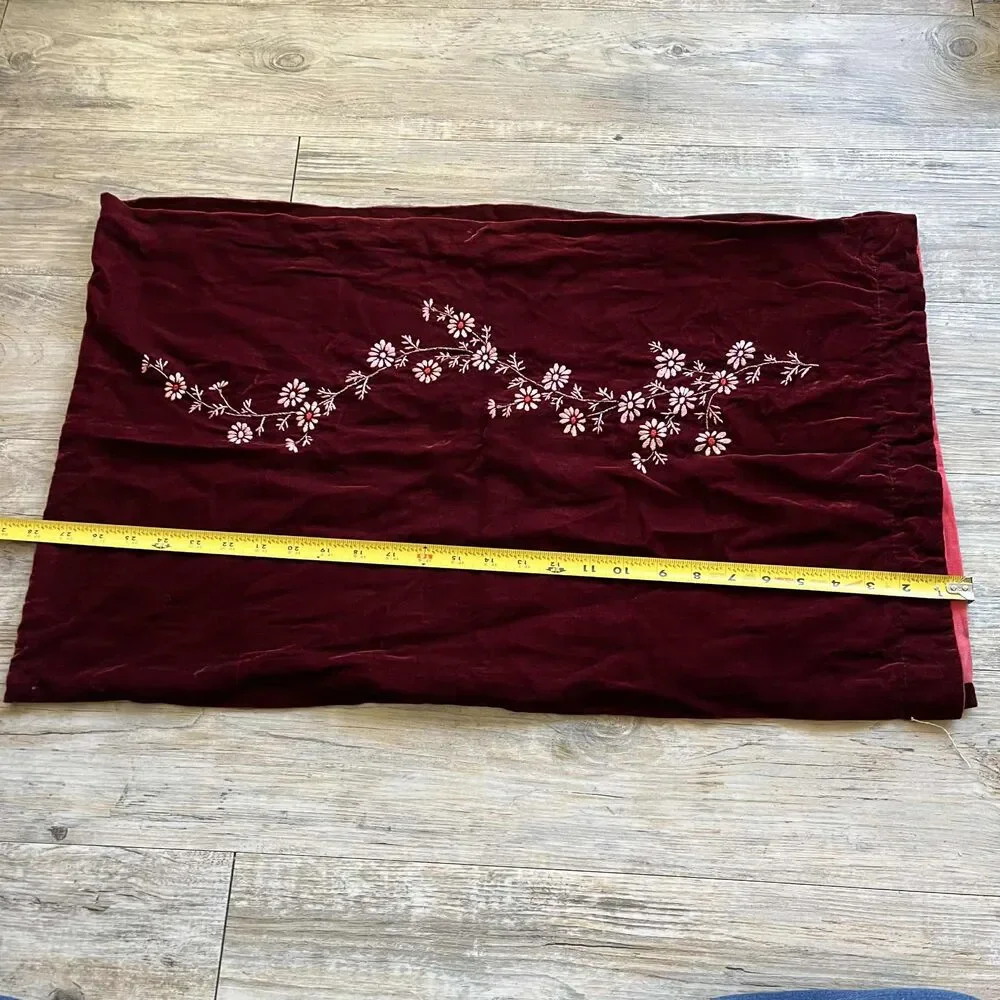 Vintage Scarf Silk and Velvet Hand Embroidered Floral Deep Red Maroon Pink 90s